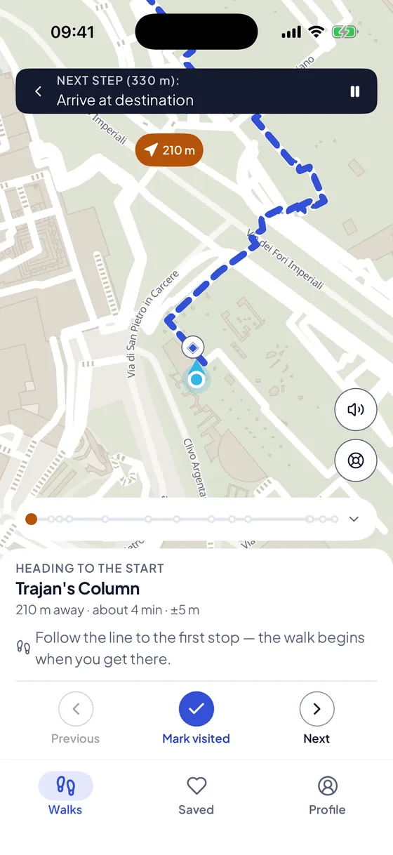 The live map in the app, with a dotted line leading to the next stop