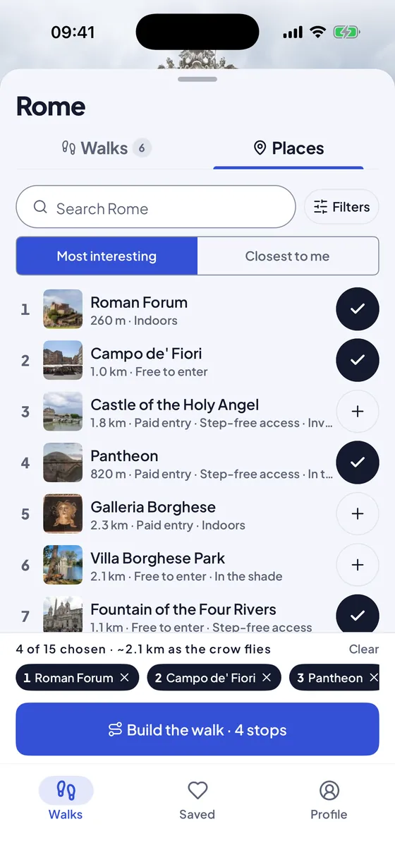 The list of places in Rome, with four of them ticked