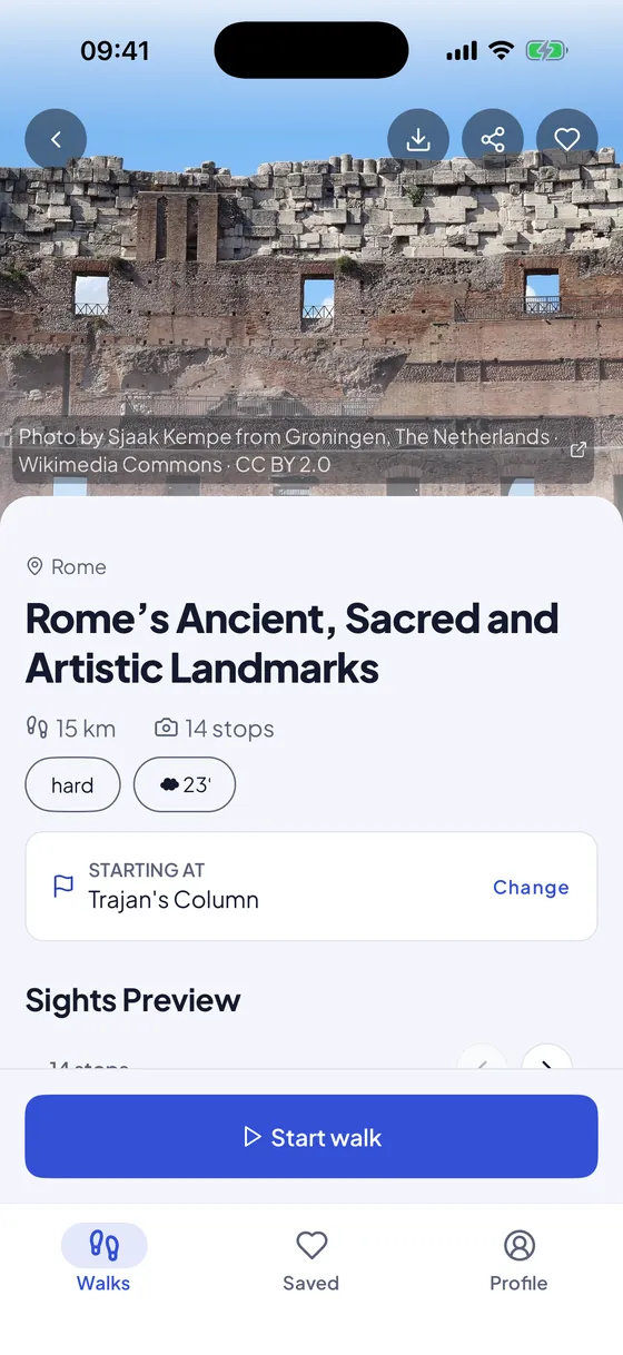 A walk page in the app: its route on a map of Rome, with numbered photographs of each stop